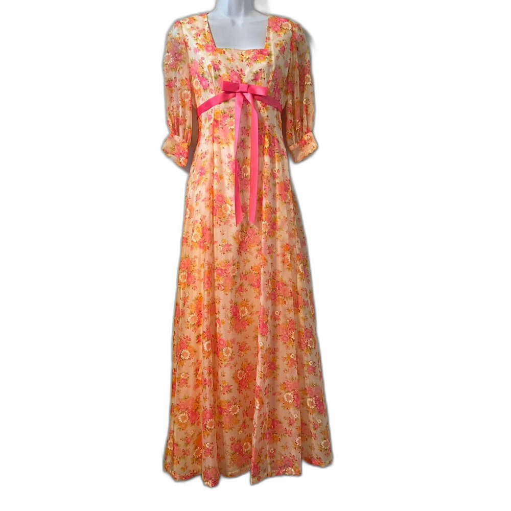 Vintage Handmade Empire Floral Dress 1950s 1960s Bow Detail XS/S